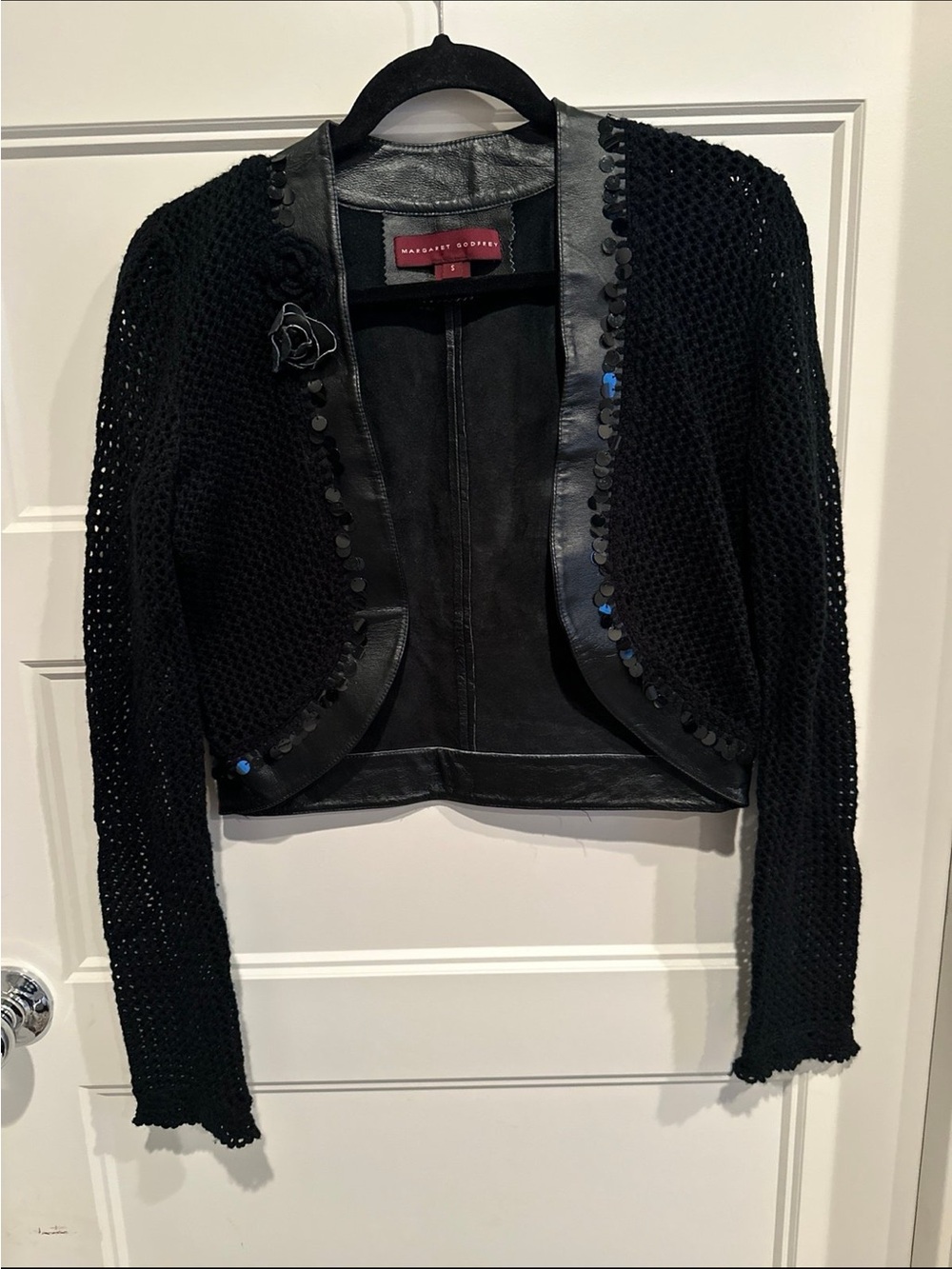 Margaret Godfrey Black Crochet & Leather Trim Cropped Jacket